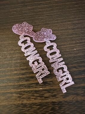Pink Glitter "COW GIRL" Statement Earrings